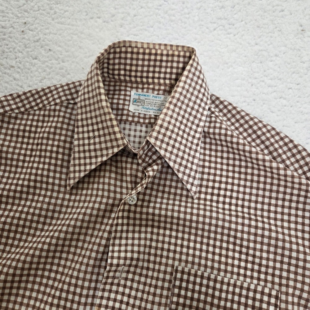Vtg‎ Kmart Permanent Press Brown Gingham Check Long Sleeve Shirt Mens Size M